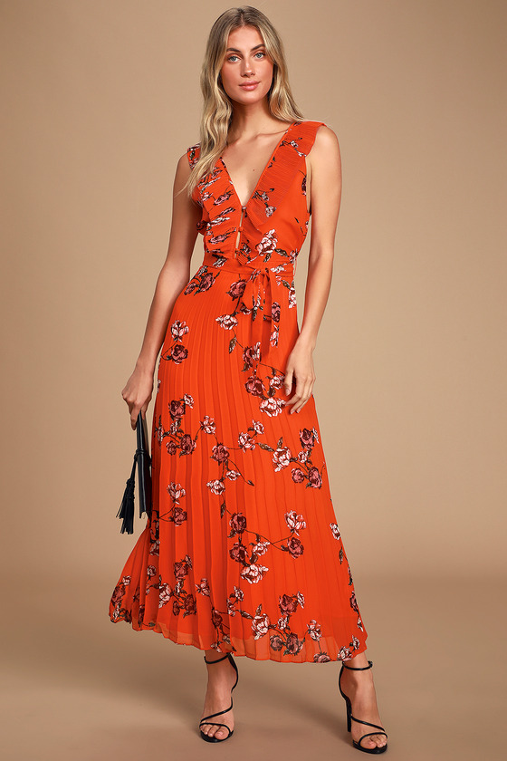 Outdoor Wedding Guest Dress Orange and Red Floral Maxi Dress