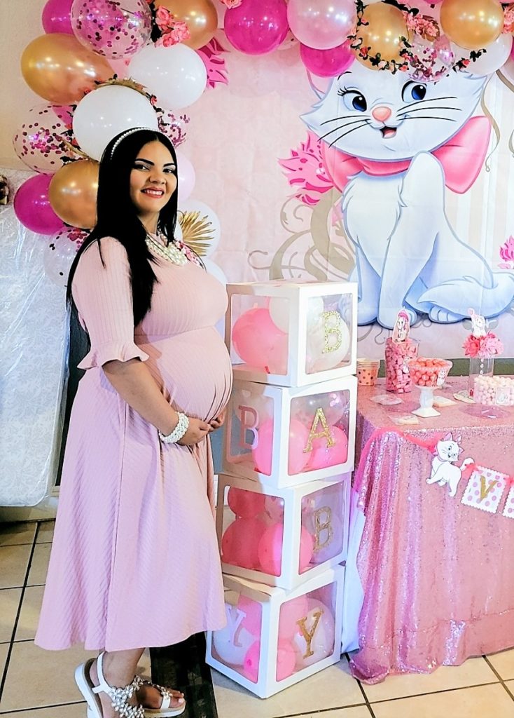 Cute Pink Long Sleeve Midi Baby Shower Dress