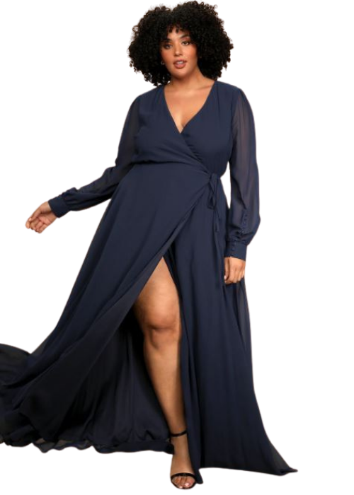 Navy Blue Plus Size Black Tie Wedding Guest Dress in Navy Blue with Long Sleeves