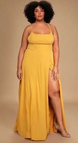 Plus Size Mustard Yellow Wedding Guest Dress with High Slit