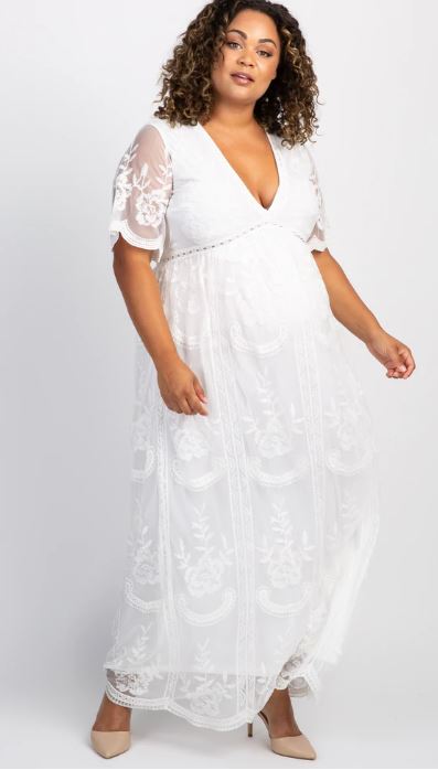 Plus Size White Boho Maternity Dress and Baby Shower Dress