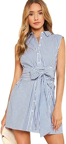 Preppy Blue and White Stripe Collared Dress with Buttons and Belt Around Waist