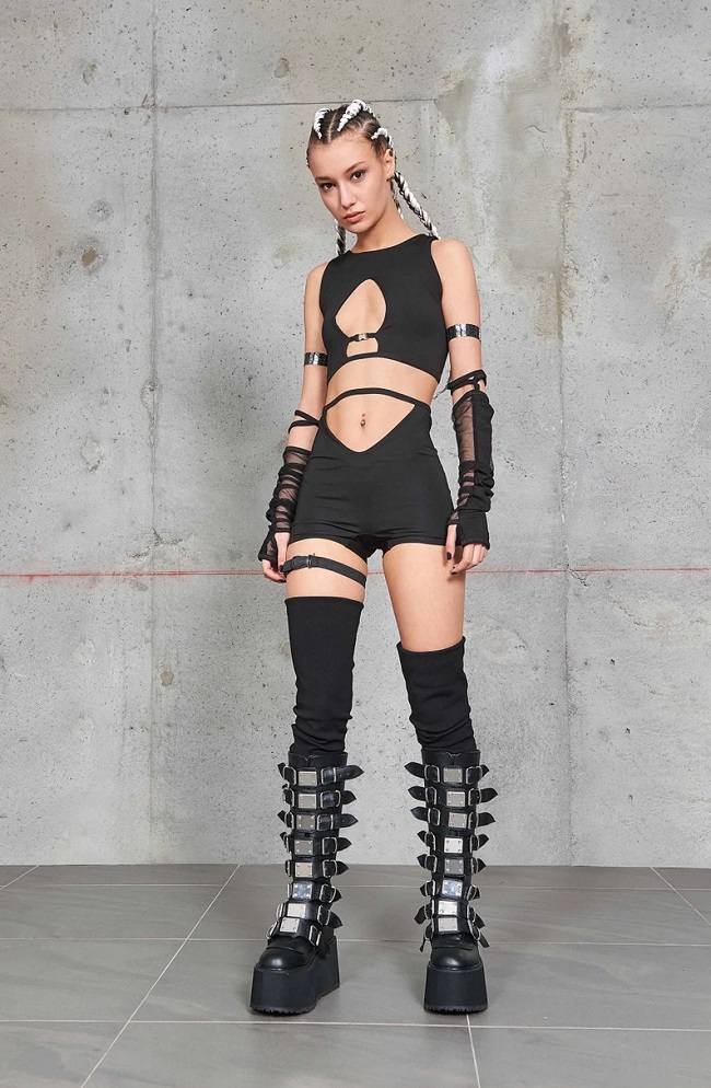 Rave Festival Outfit and Burning Man Outfit with Black Shorts and Combat Boots