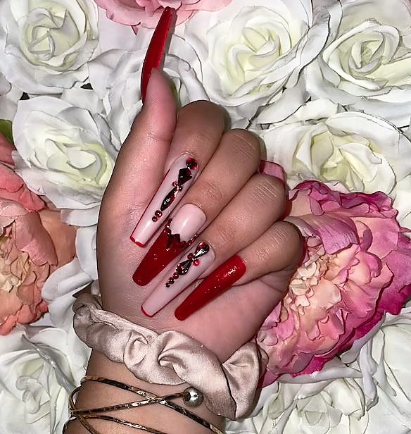 Red Coffin Nails with Rhinestone
