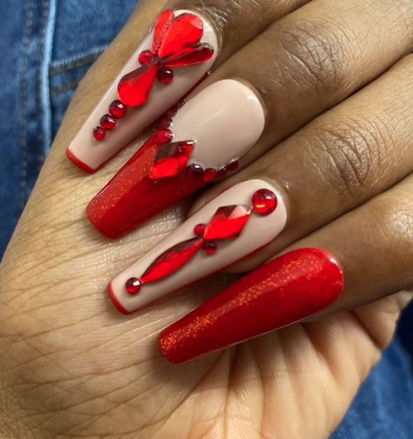 Red Coffin Nails with Rhinestones