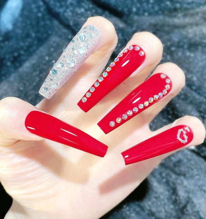 Red Coffin Nails with Rhinestones