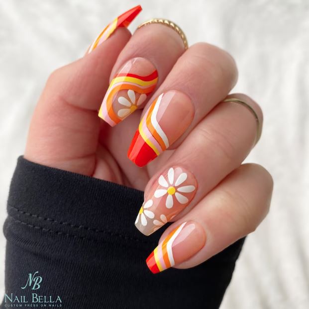 Short Coffin Summer Nails in Orange and Yellow with Stripes and Daisy Flowers