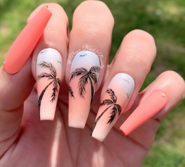 Summer Coffin Nails in Coral with Palm Trees and White Gradiant