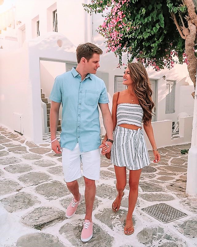 Matching Vacation Outfits for Couples in Blue and White