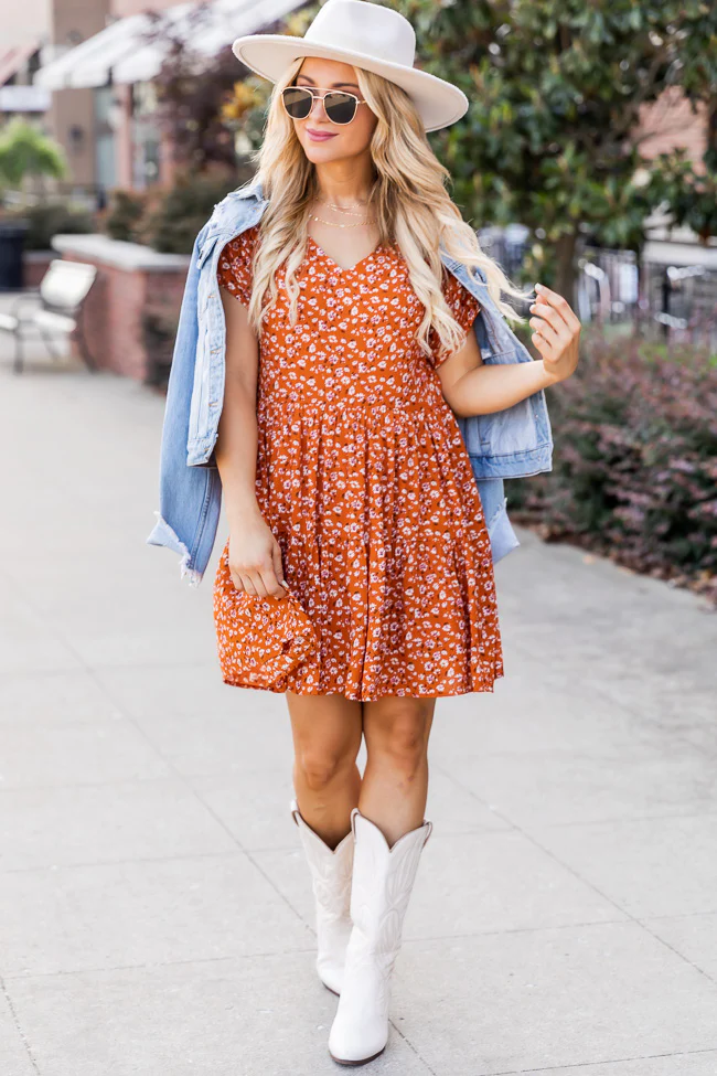 Outfit with White Cowboy Boots, Floral Babydoll Dress, and Jean Jacket