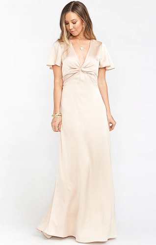 Champagne Satin Bridesmaid Dress Long with Sleeves