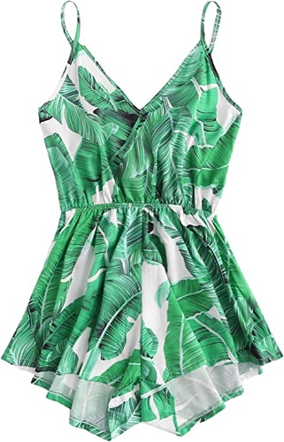 Cute romper for Teens with Tropical Print and Green Leaves by SHEIN