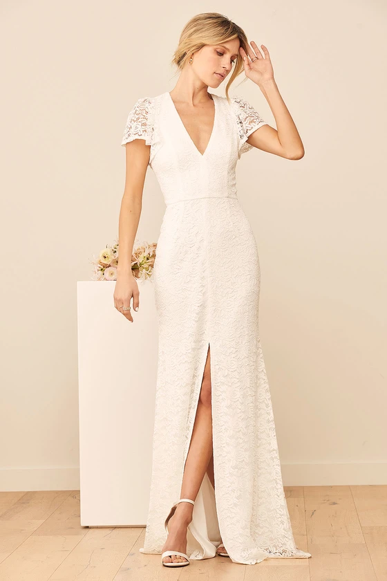 Elopement V neck Wedding Dress with sleeves and slit