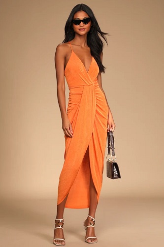 Orange Midi Dress for Wedding Guest Stretchy