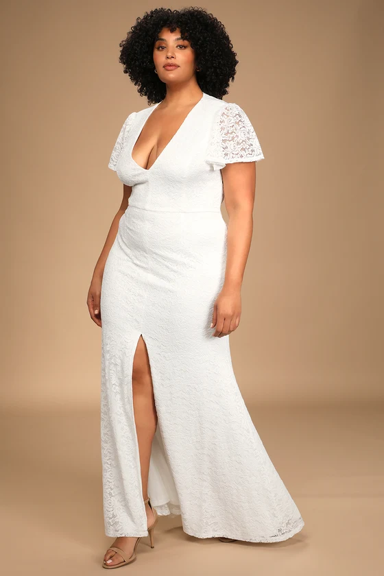 plus size white elopement wedding dress with sleeves and slit