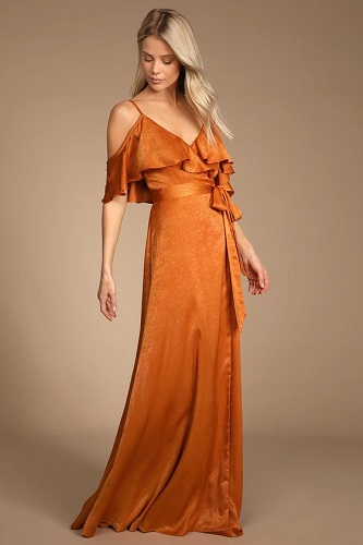 Rust Orange Off Shoulder Wedding Guest Dress with Wrap