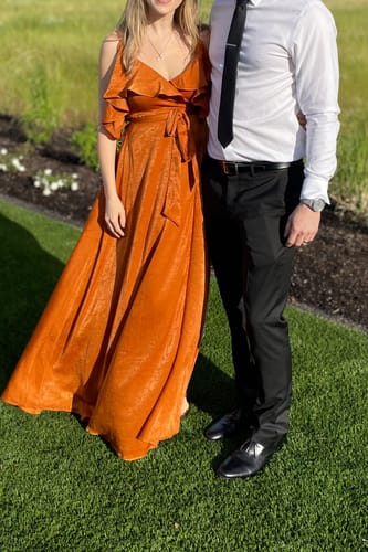 Rust Orange Wedding Guest Dress with Off Shoulder Sleeves