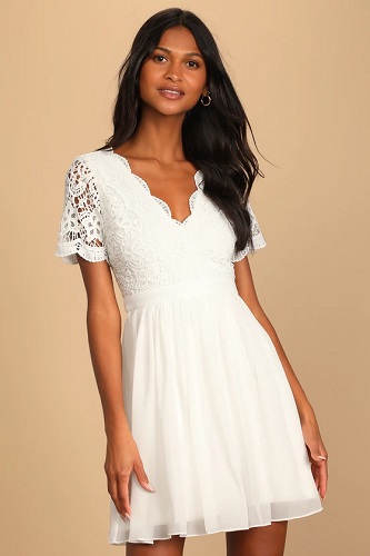 Short White Graduation dress with Lace Sleeves
