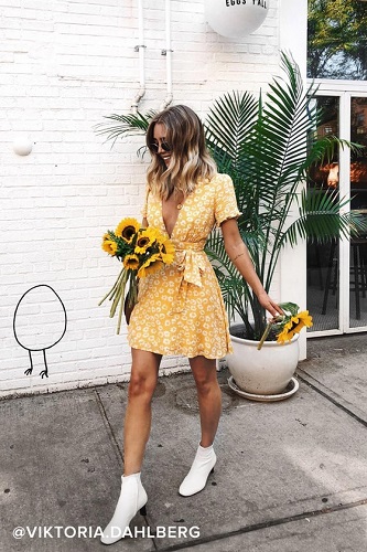 White Cowboy Boots Outfit with Yellow Mini Dress