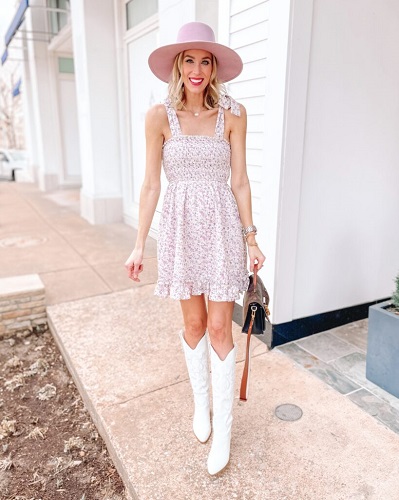 White Cowgirls Boots with Pink Hat and Dress Outfit
