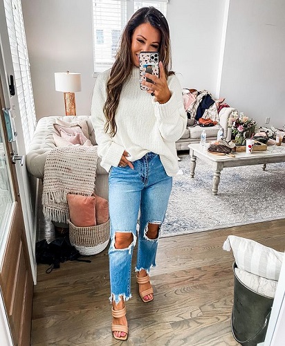 Wide Leg Jeans Outfit with White Sweater