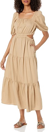 The Drop Tiered Cutout Maxi Dress in Beige and Tan