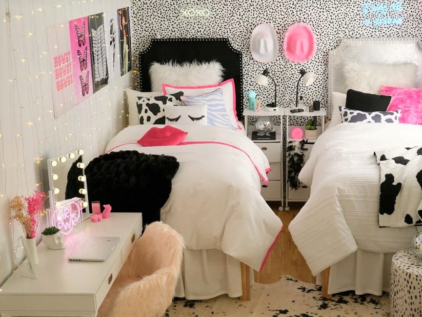 College Dorm Room Idea with Vanity and Cowboy Print Theme