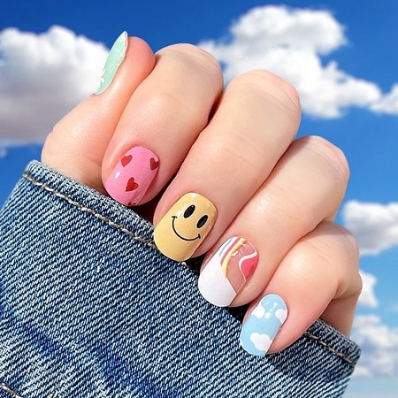 Cute Back to School Nails with Clouds and Smiley Faces