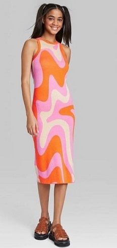 Back to School Outfit for High School with Colorful Midi Dress and Sandals