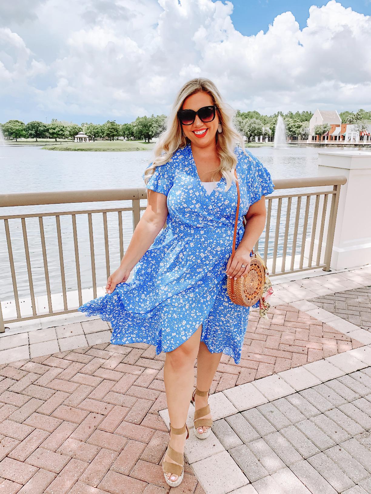 cute blue floral wrap summer dress for women