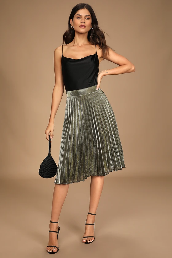 Gold Pleated Midi Skirt Outfit