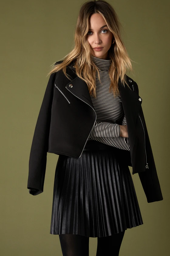 Pleated Skirt Outfit with Moto Jacket
