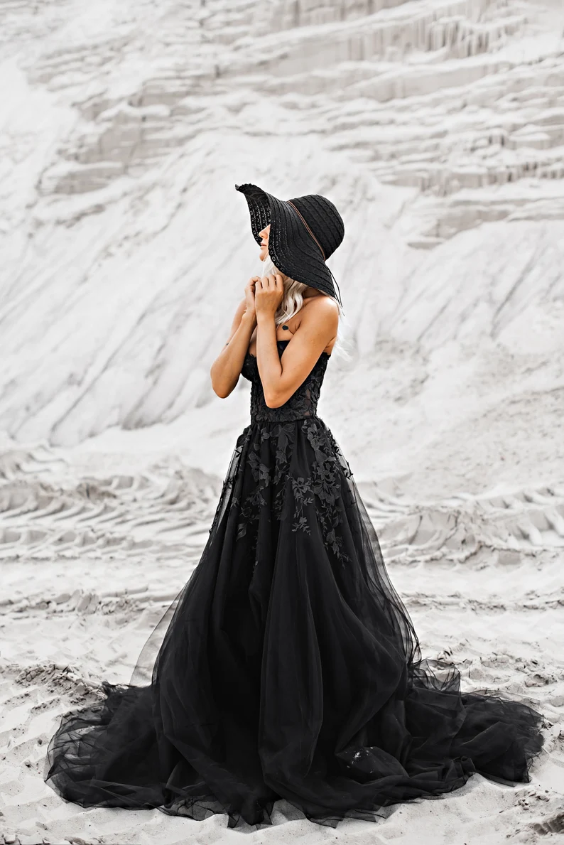 Black corset lace wedding dress, Gothic wedding dress, Lace black wedding dress, Black wedding tulle dress, Black corset bridal dress