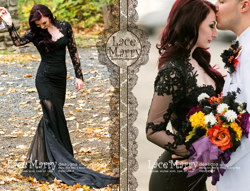 Black Gothic Wedding Dress with Long Lace Sleeves