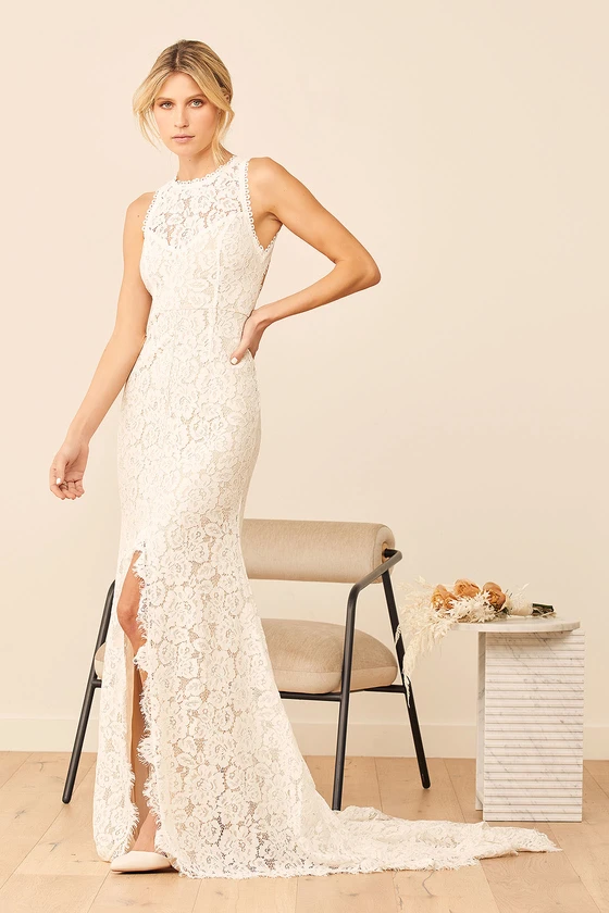 Mermaid Maxi Wedding Dress with Lace and High Slit Under $200
