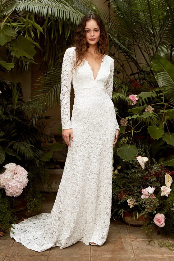 white lace wedding dress with long sleeves under $200