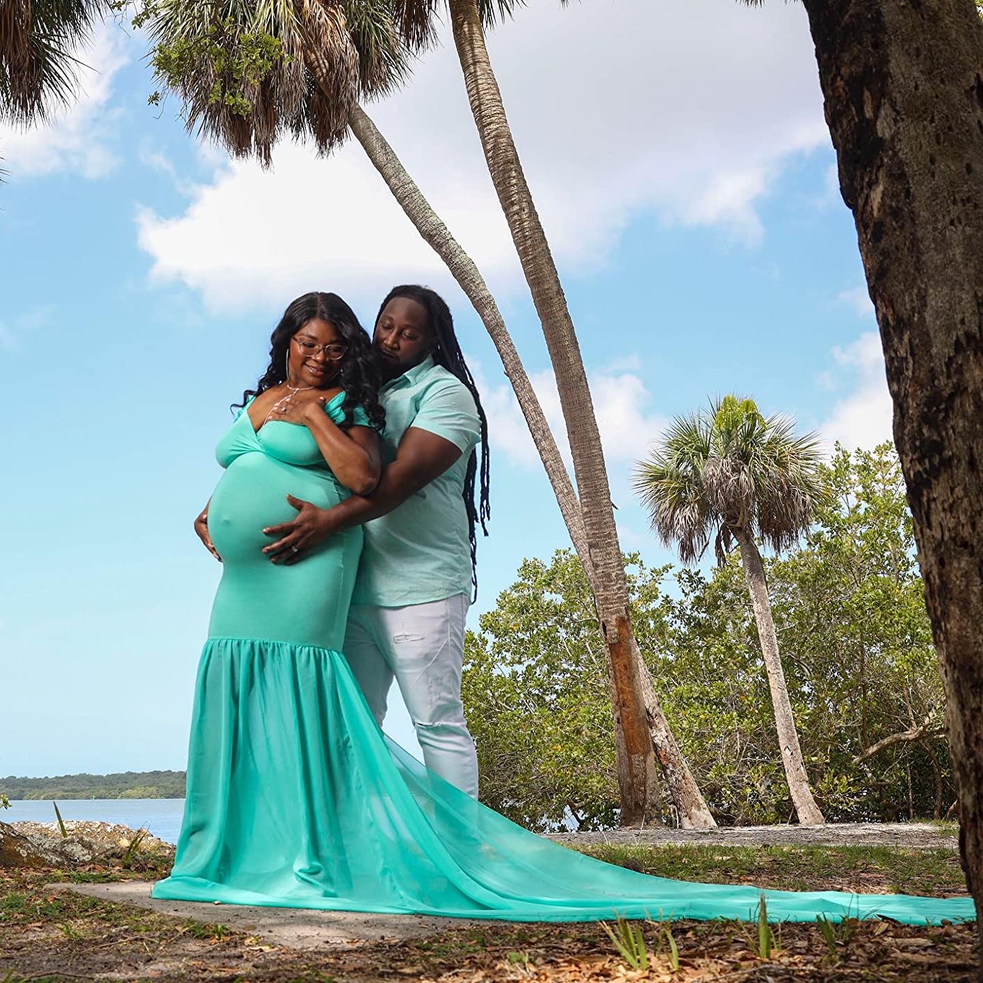 Black Couple Maternity Photoshoot Idea Light Green Dress