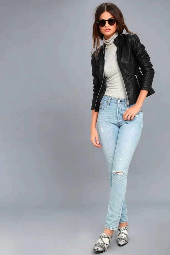 Black Leather Jacket Outfit with Light Jeans