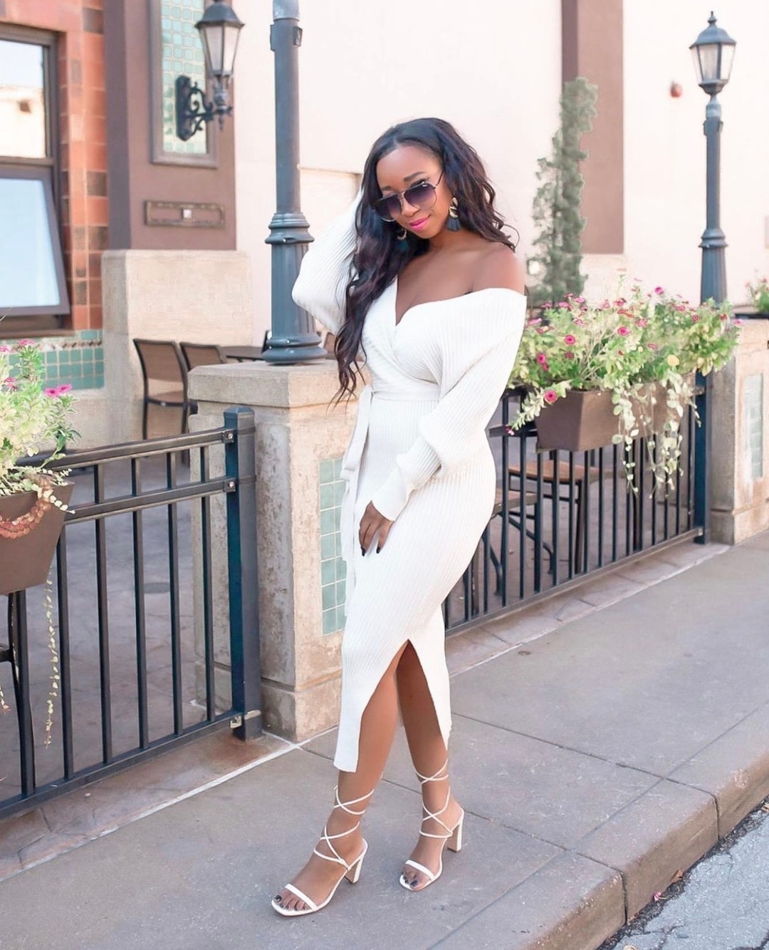 Cream Off Shoulder Sweater Dress Outfit with Strappy Heels
