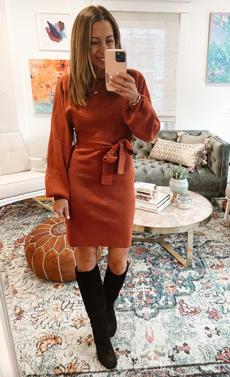 Cute Thanksgiving Outfit with Knee High Boots and Sweater Dress