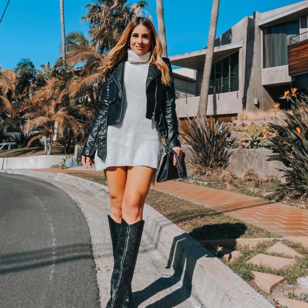 Black Leather Jacket Outfit with Sweater Dress