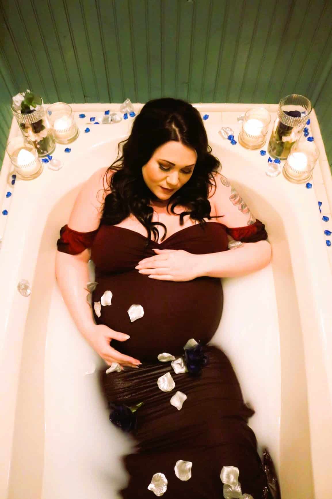 Maternity Milk Bath Photoshoot in Burgundy Dress