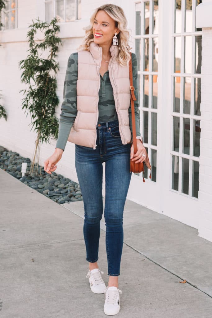 Pink Puffer Vest Outfit with Jeans