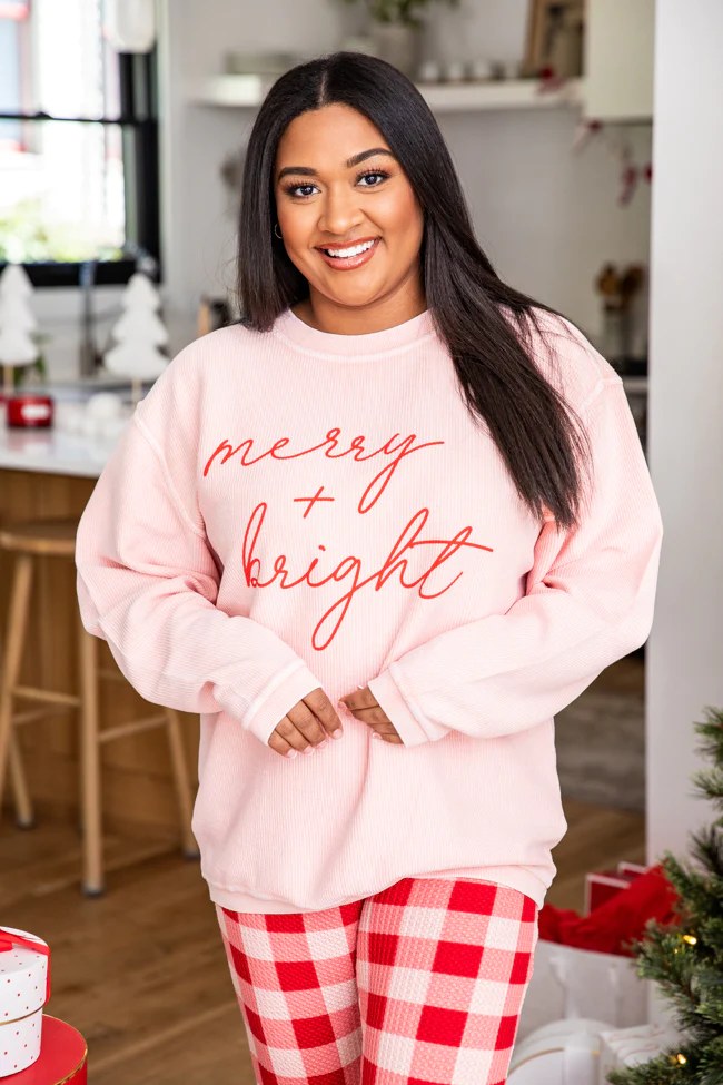 Plus Size Cute Christmas Sweater Pink with "Merry and Bright"