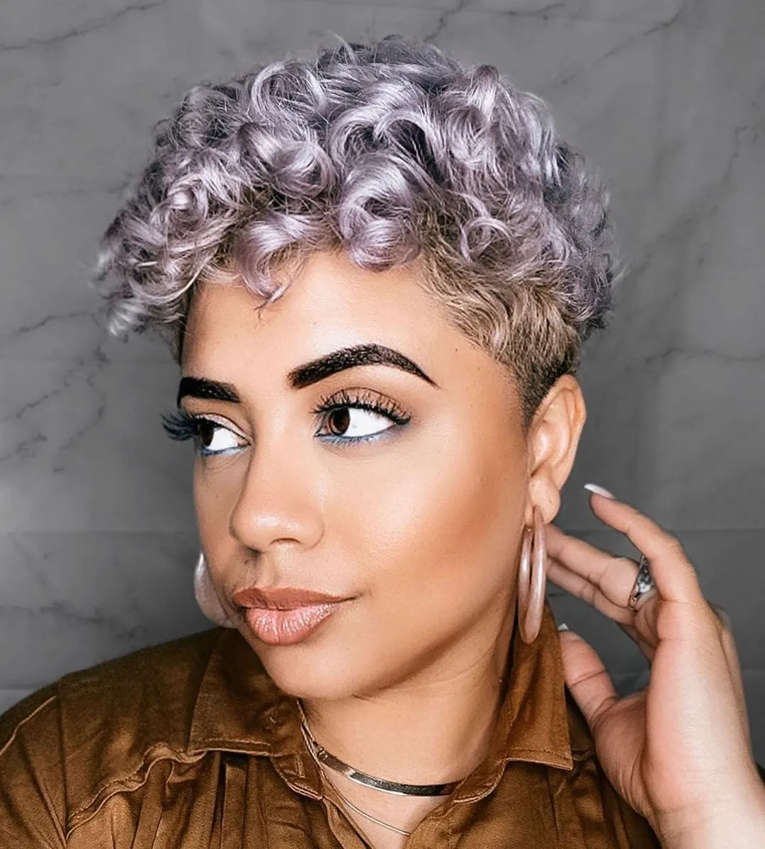 Silver Purple Hair on Black Woman with Medium Dark Skin