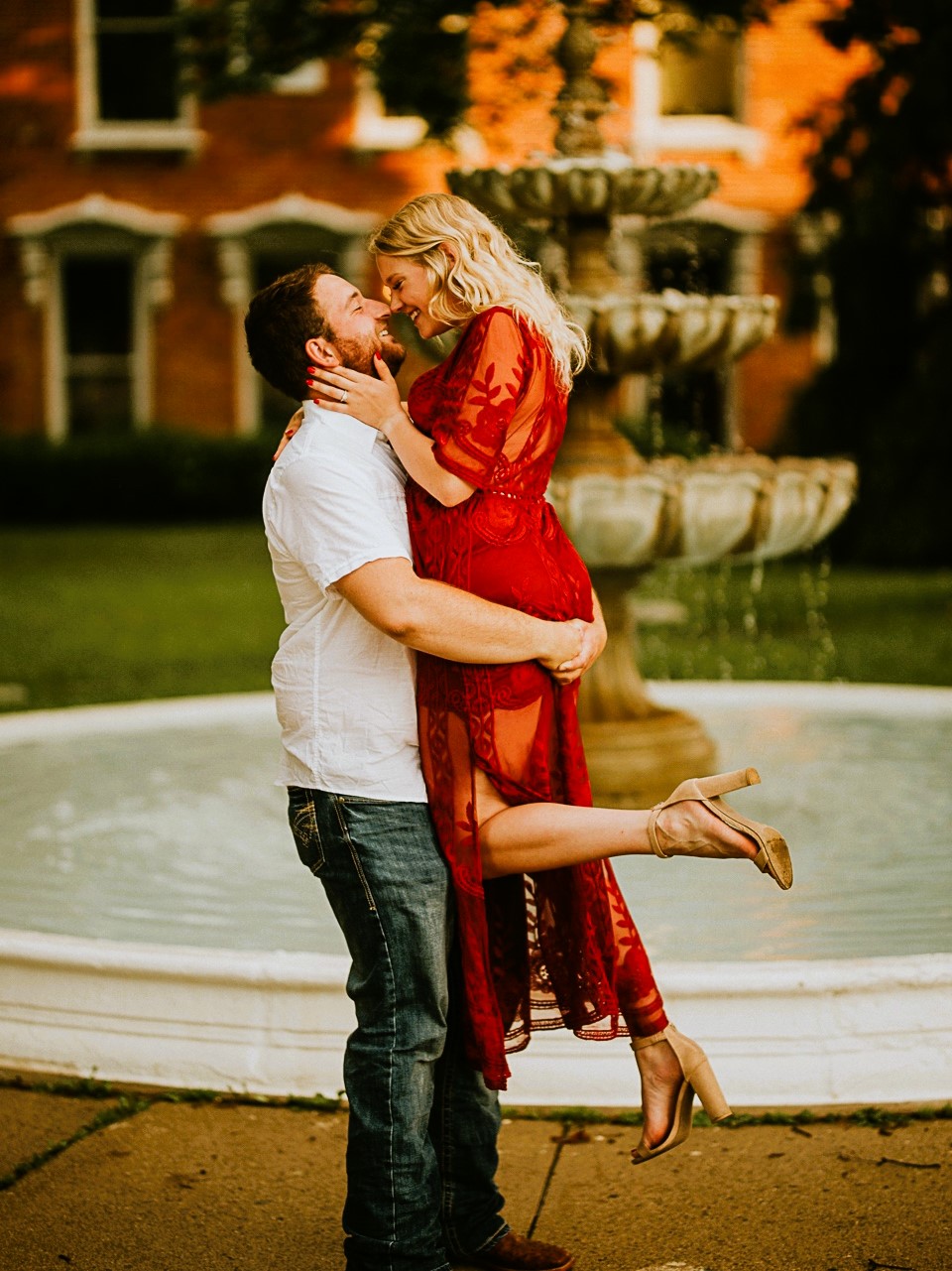 summer engagement photoshoot outfits with red boho dress