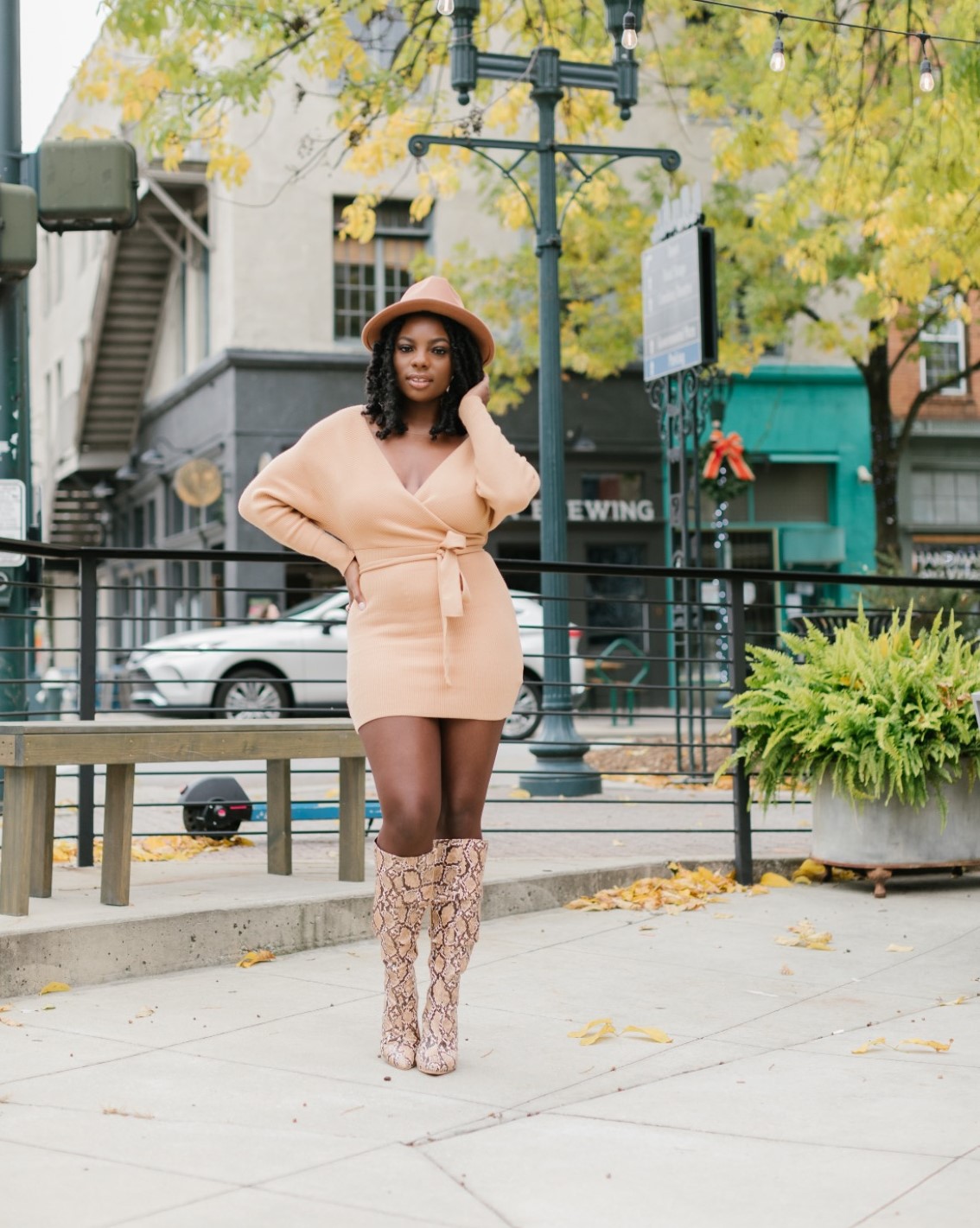 Tan Sweater Dress Outfit with Snakeskin Boots