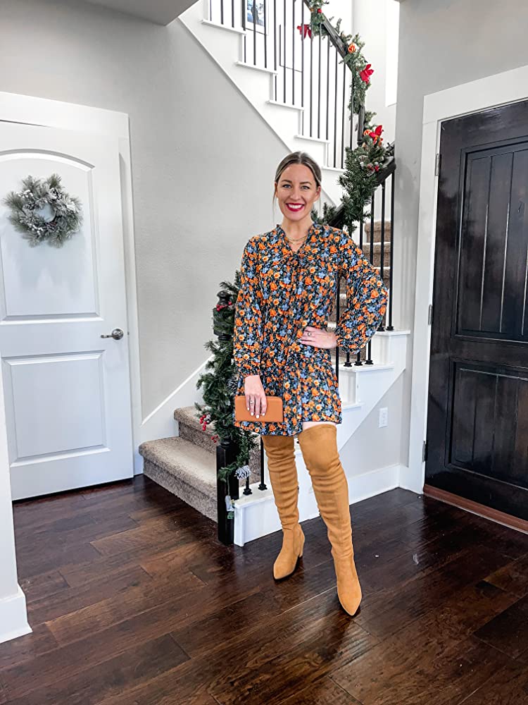 Cute Thanksgiving Outfit with Floral Dress and Over the Knee Boots