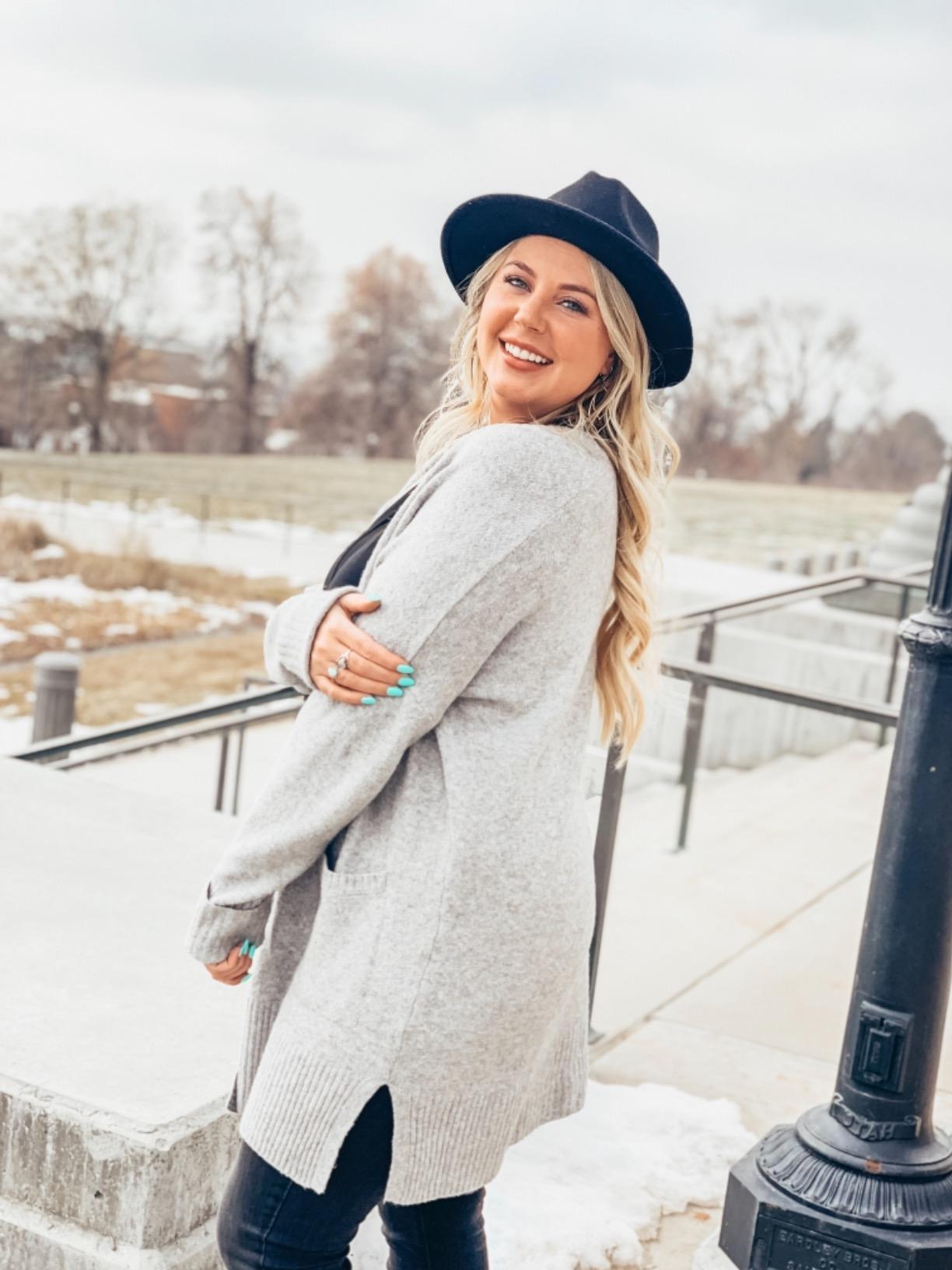 Winter Outfit with Black Fedora Hat