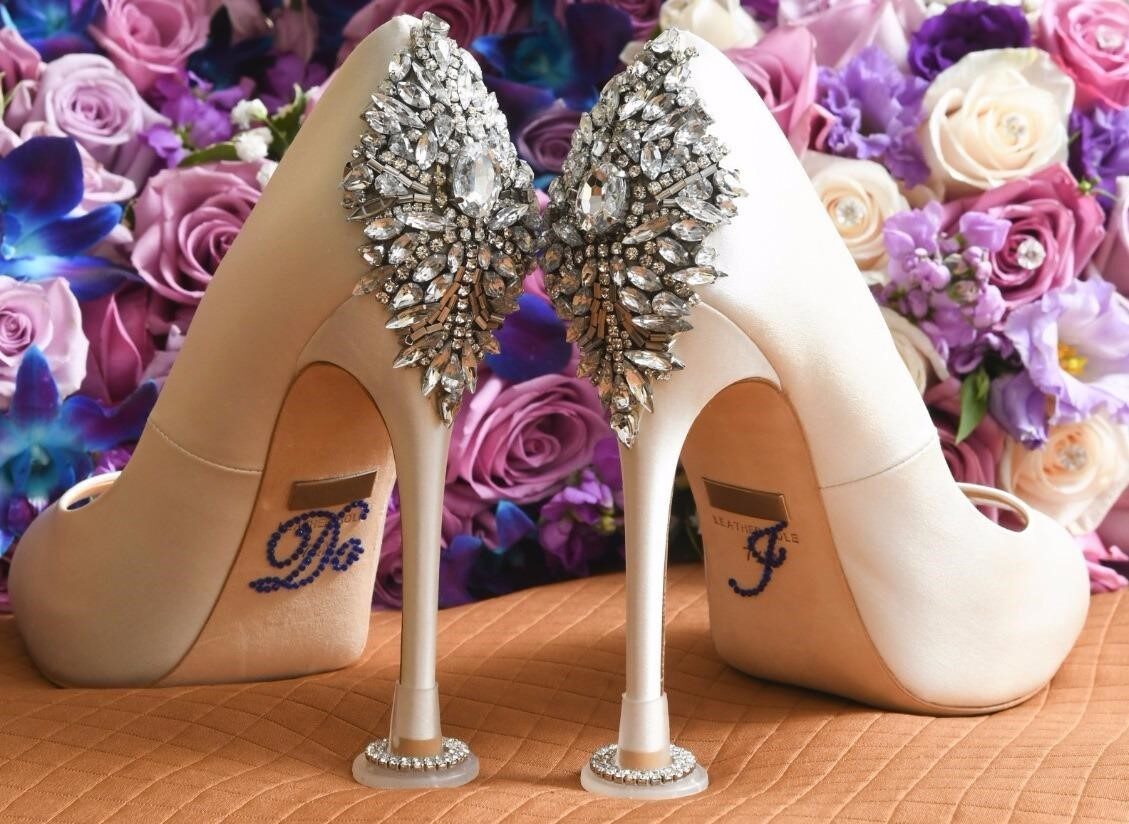 wedding dress ivory pumps heels with diamonds on back by Badgley Mischka